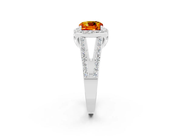 White gold Cushion Cut Citrine Halo Ring with Split Shank U-Prong Band and Four-Prong Setting