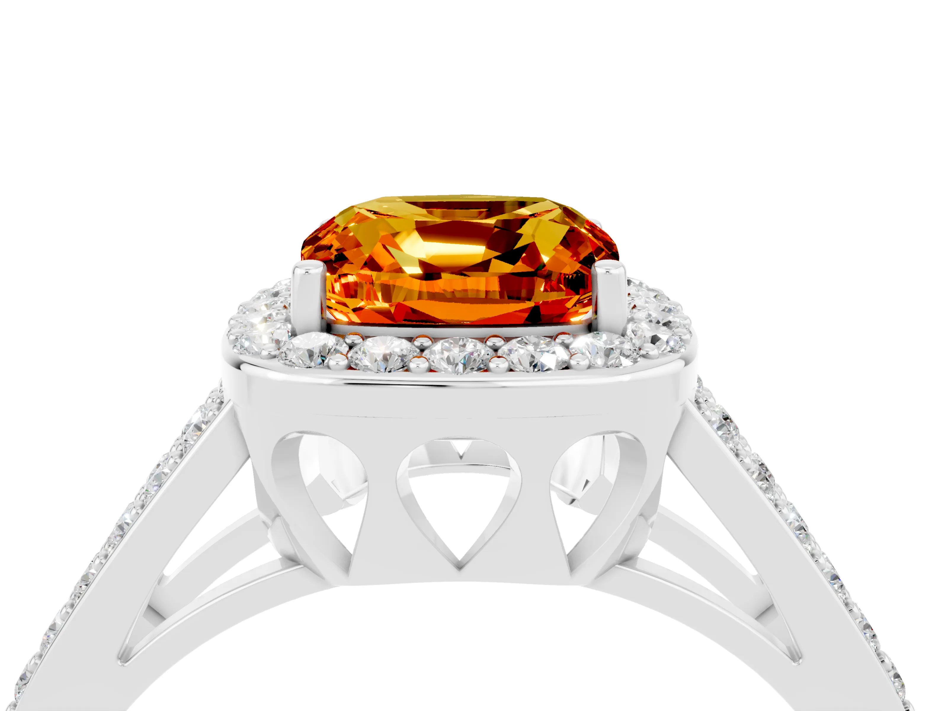 White gold Cushion Cut Citrine Halo Ring with Split Shank U-Prong Band and Four-Prong Setting_4