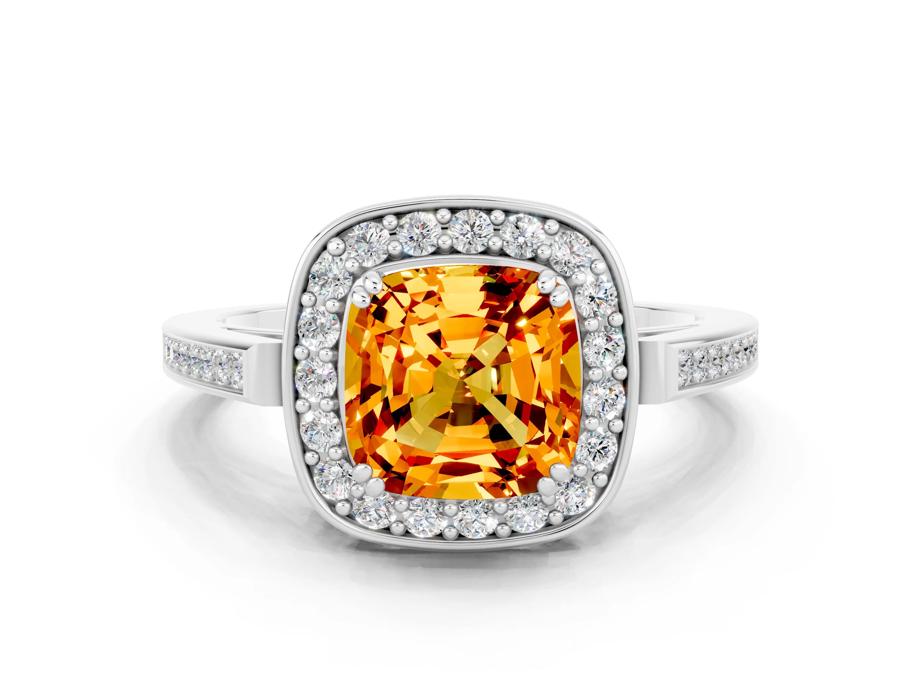 White gold Cushion Cut Citrine Halo Ring with Split Shank and Four-Prong Setting_12