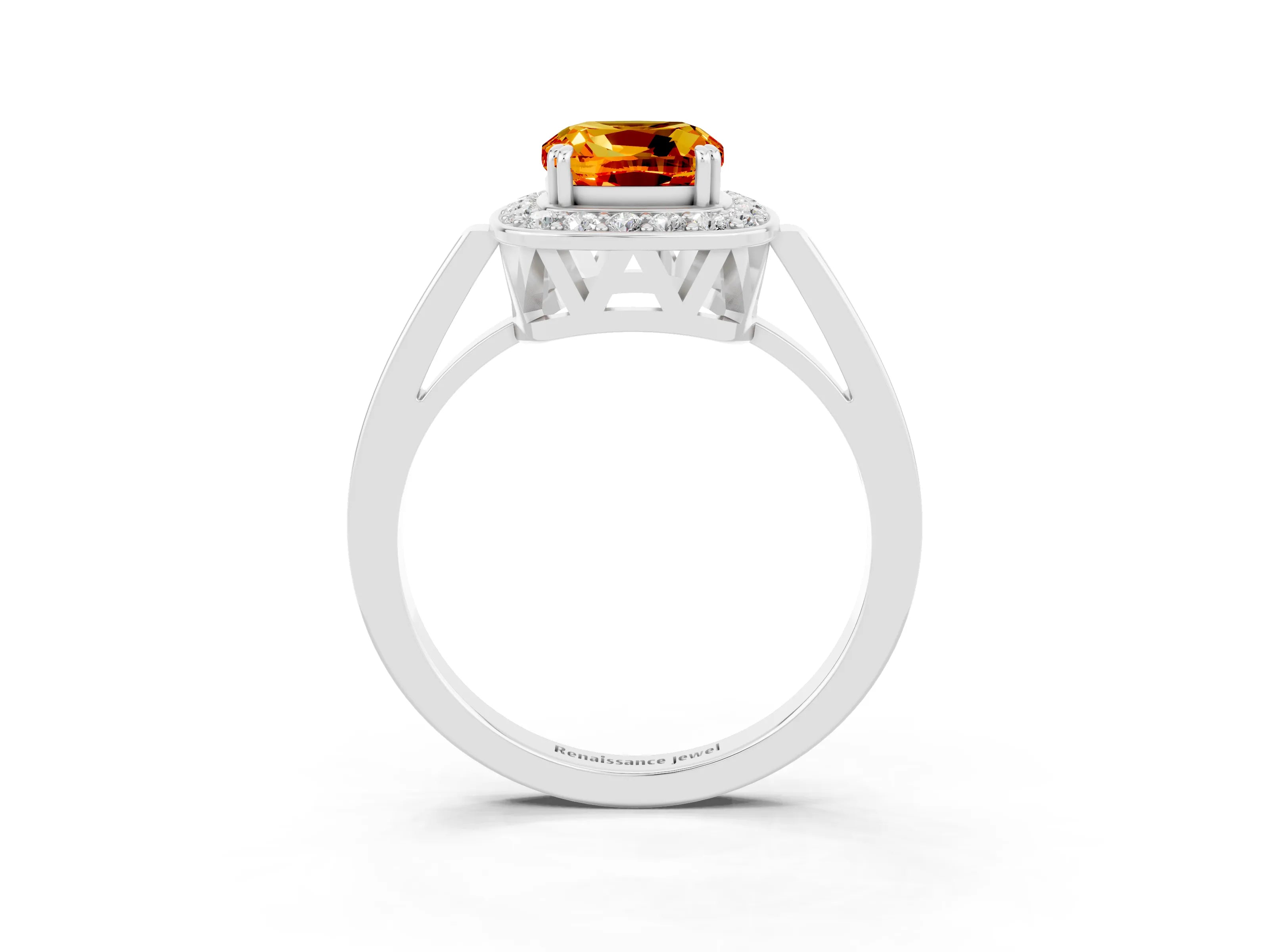 White gold Cushion Cut Citrine Halo Ring with Split Shank and Four-Prong Setting_15