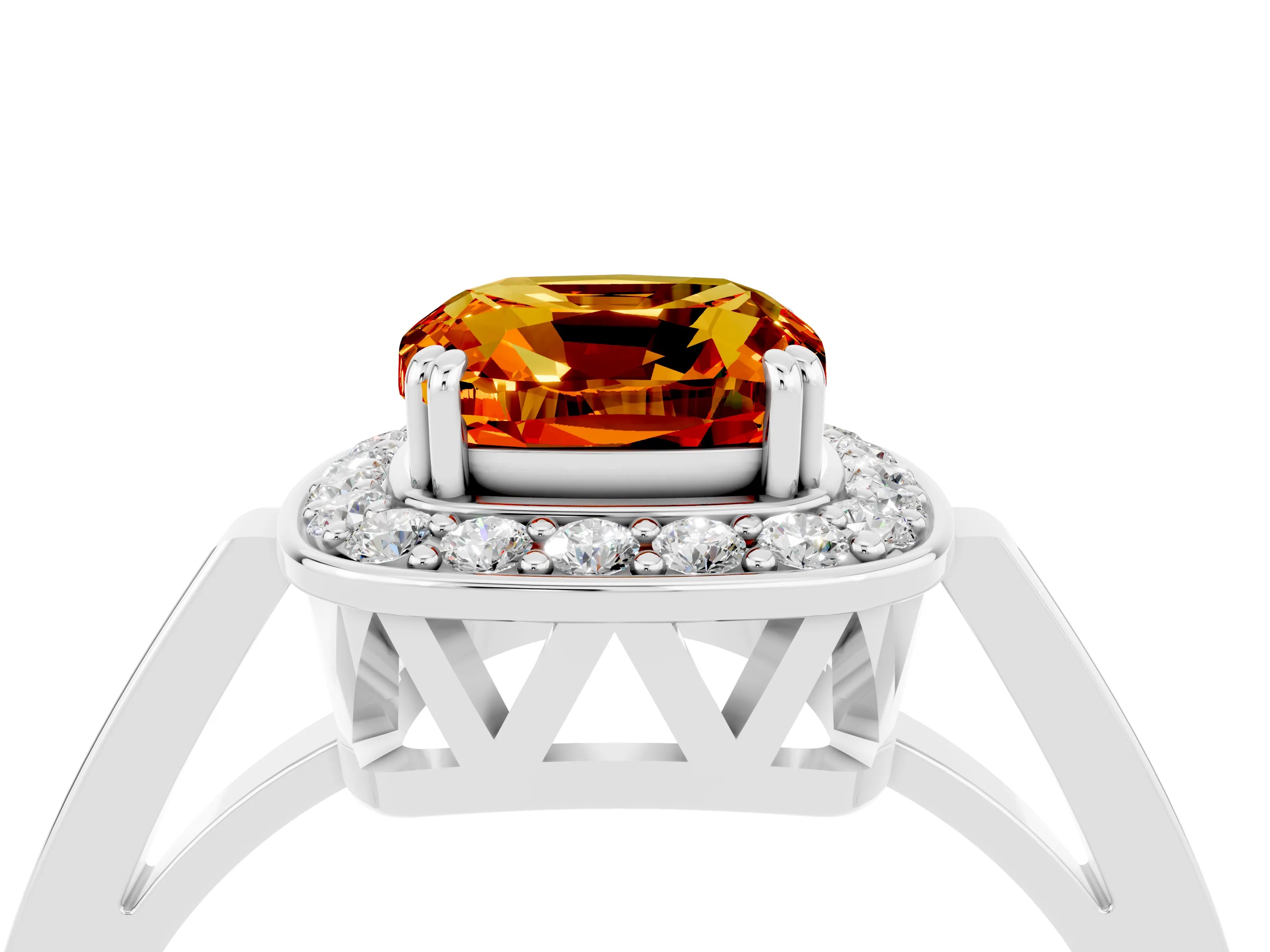 White gold Cushion Cut Citrine Halo Ring with Split Shank and Four-Prong Setting_16