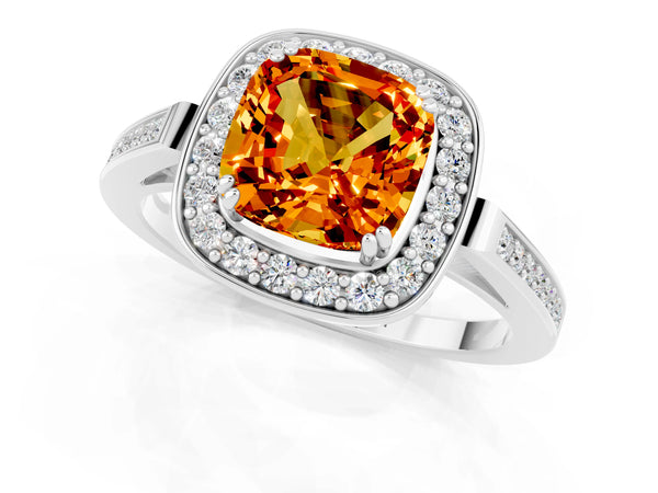 Silver Cushion Cut Citrine Halo Ring with Split Shank and Four-Prong Setting