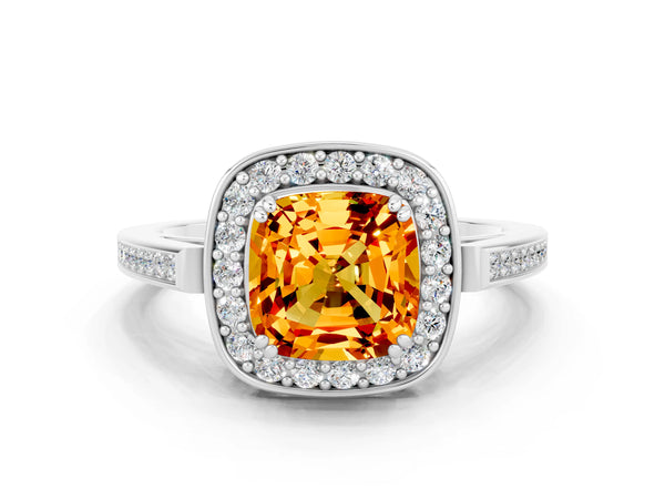 Silver Cushion Cut Citrine Halo Ring with Split Shank and Four-Prong Setting