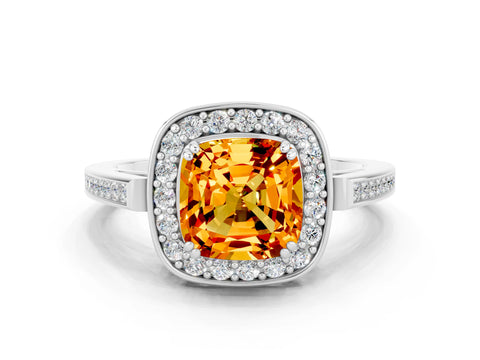 White gold Cushion Cut Citrine Halo Ring with Split Shank and Four-Prong Setting