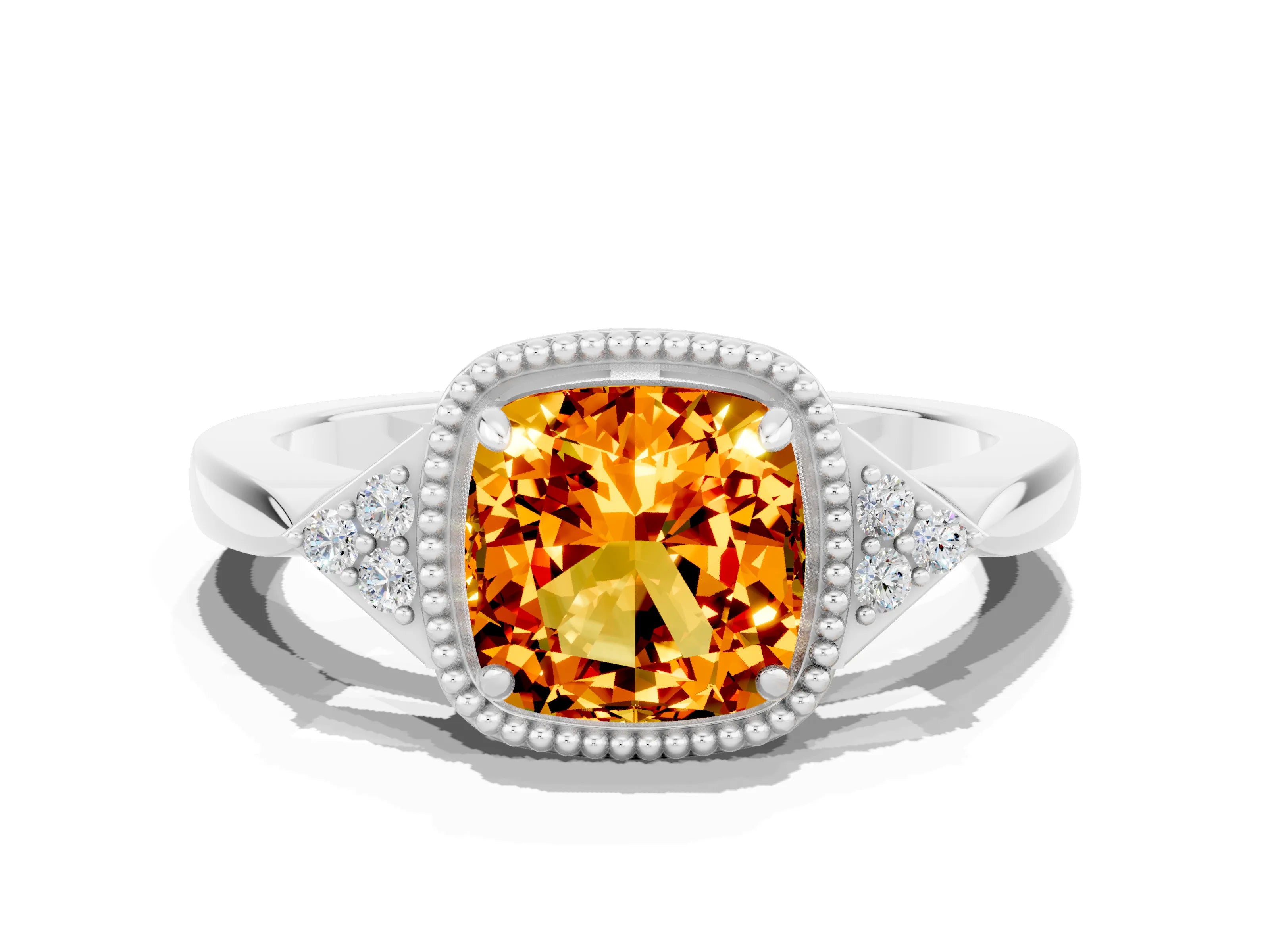 White gold Cushion Cut Citrine Halo Ring with Tapered Band and Four-Prong Setting