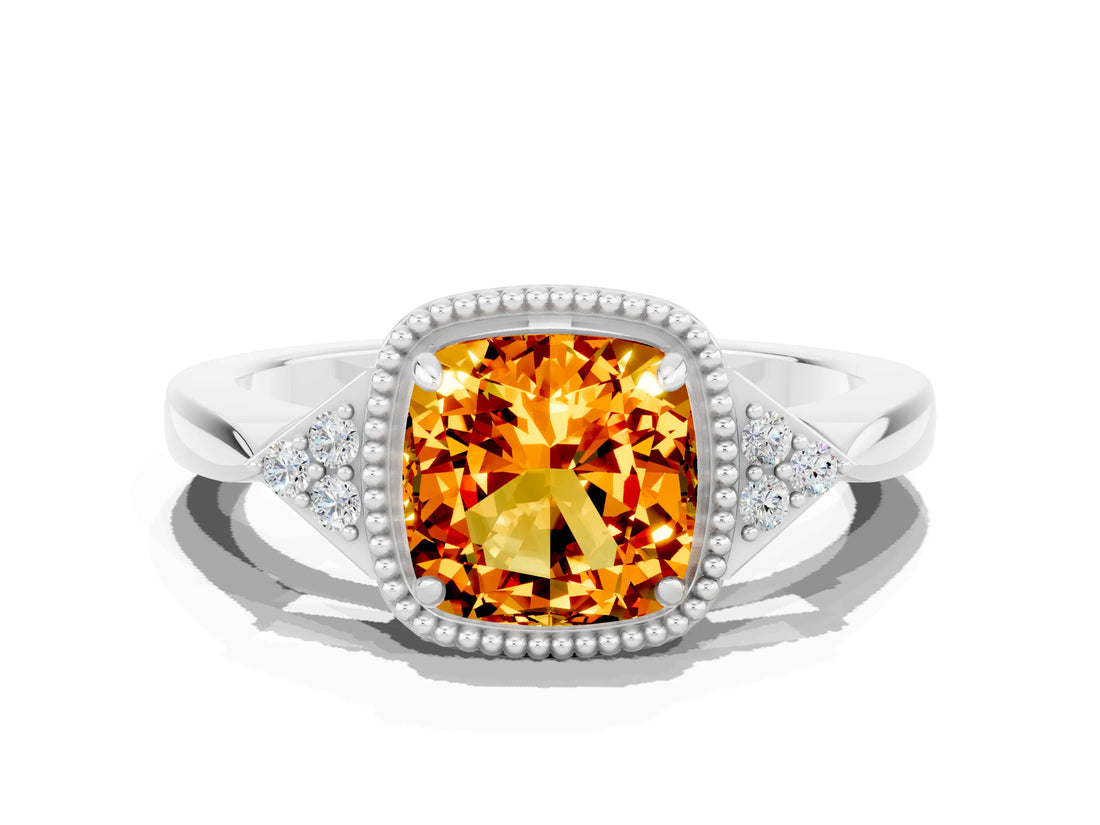 White gold Cushion Cut Citrine Halo Ring with Tapered Band and Four-Prong Setting