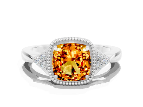 White gold Cushion Cut Citrine Halo Ring with Tapered Band and Four-Prong Setting
