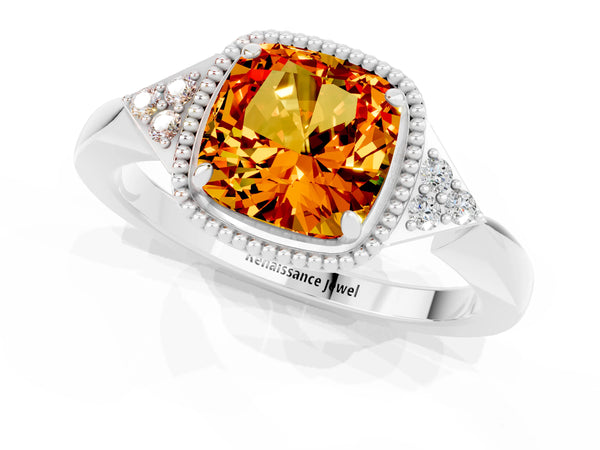 Silver Cushion Cut Citrine Halo Ring with Tapered Band and Four-Prong Setting