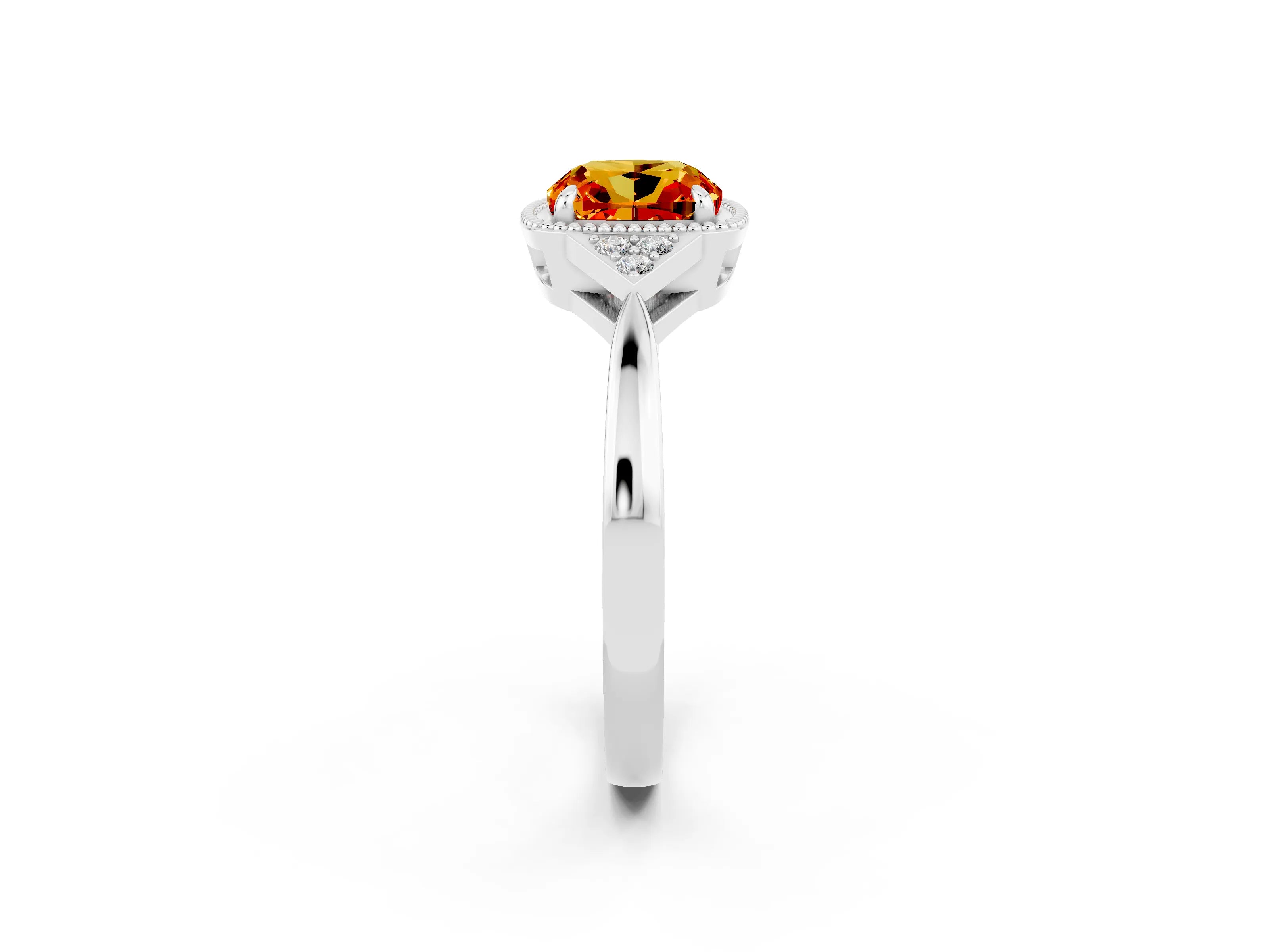 White gold Cushion Cut Citrine Halo Ring with Tapered Band and Four-Prong Setting_2