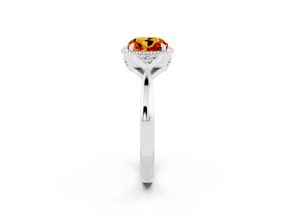 White gold Cushion Cut Citrine Halo Ring with Tapered Band and Four-Prong Setting