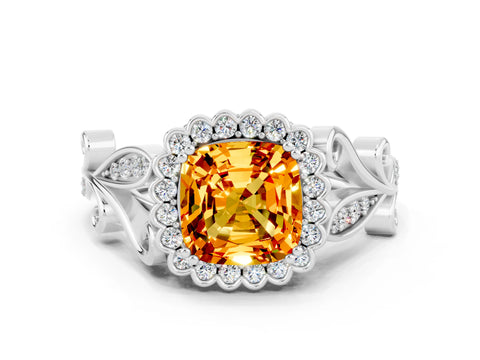 White gold Cushion Cut Citrine Halo Ring with Vintage Split Shank and Four-Prong Setting_24