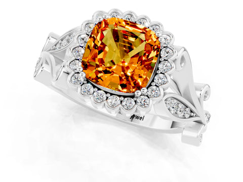 White gold Cushion Cut Citrine Halo Ring with Vintage Split Shank and Four-Prong Setting_25