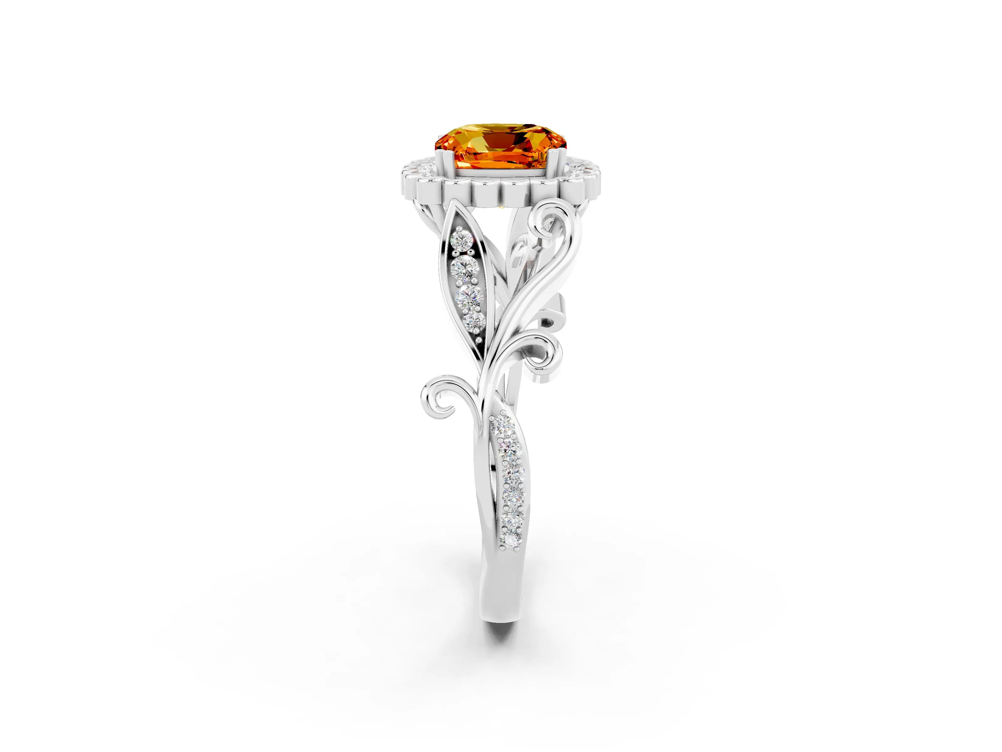 White gold Cushion Cut Citrine Halo Ring with Vintage Split Shank and Four-Prong Setting_26
