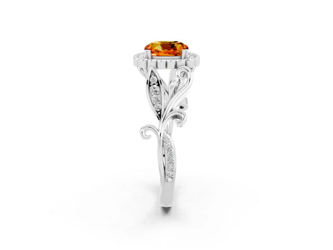 White gold Cushion Cut Citrine Halo Ring with Vintage Split Shank and Four-Prong Setting_26