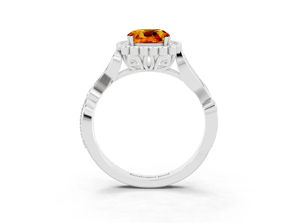 White gold Cushion Cut Citrine Halo Ring with Vintage Split Shank and Four-Prong Setting