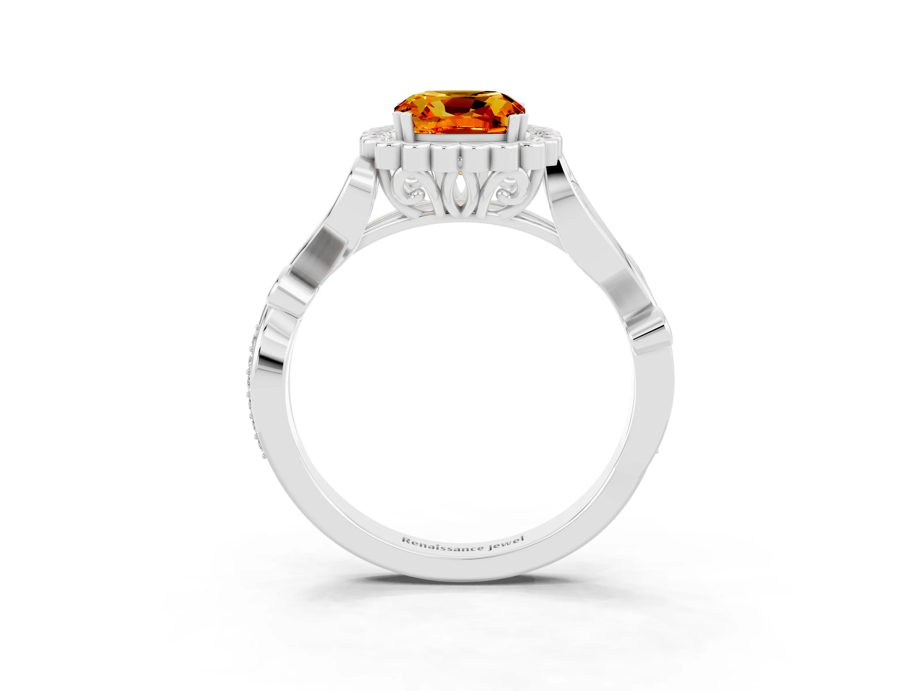 White gold Cushion Cut Citrine Halo Ring with Vintage Split Shank and Four-Prong Setting_27
