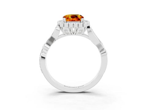 White gold Cushion Cut Citrine Halo Ring with Vintage Split Shank and Four-Prong Setting_27