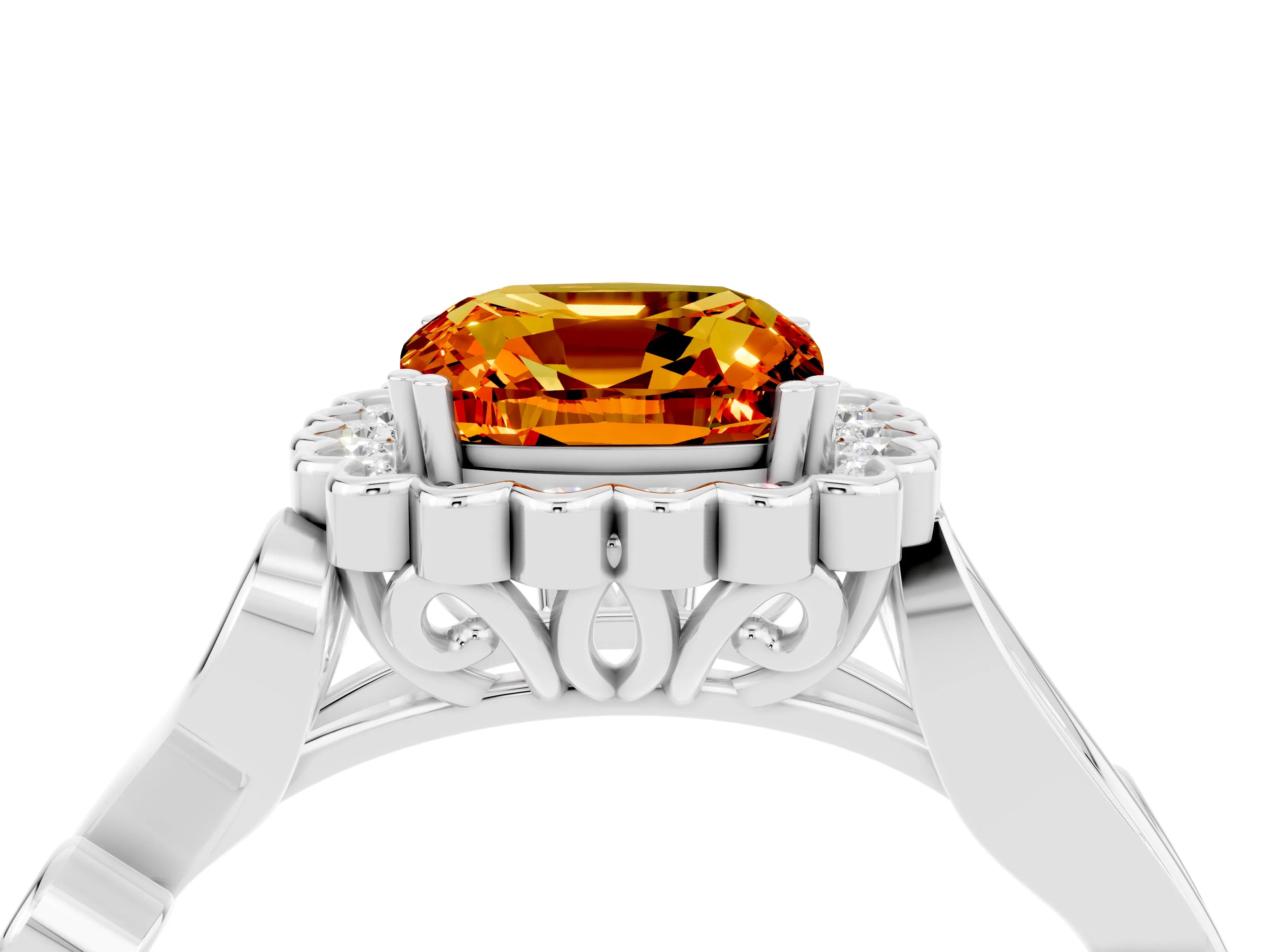 White gold Cushion Cut Citrine Halo Ring with Vintage Split Shank and Four-Prong Setting_28