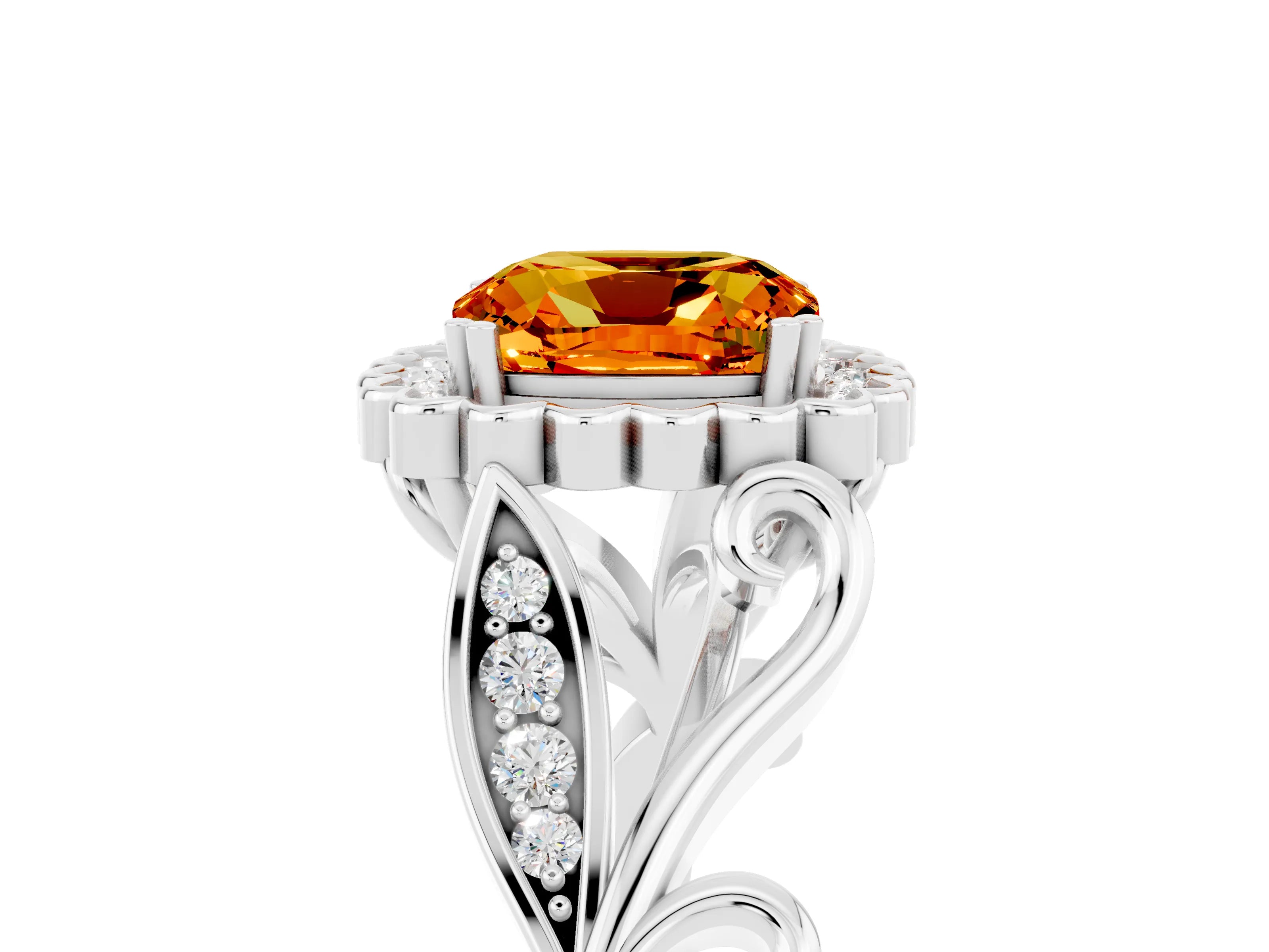 White gold Cushion Cut Citrine Halo Ring with Vintage Split Shank and Four-Prong Setting_29