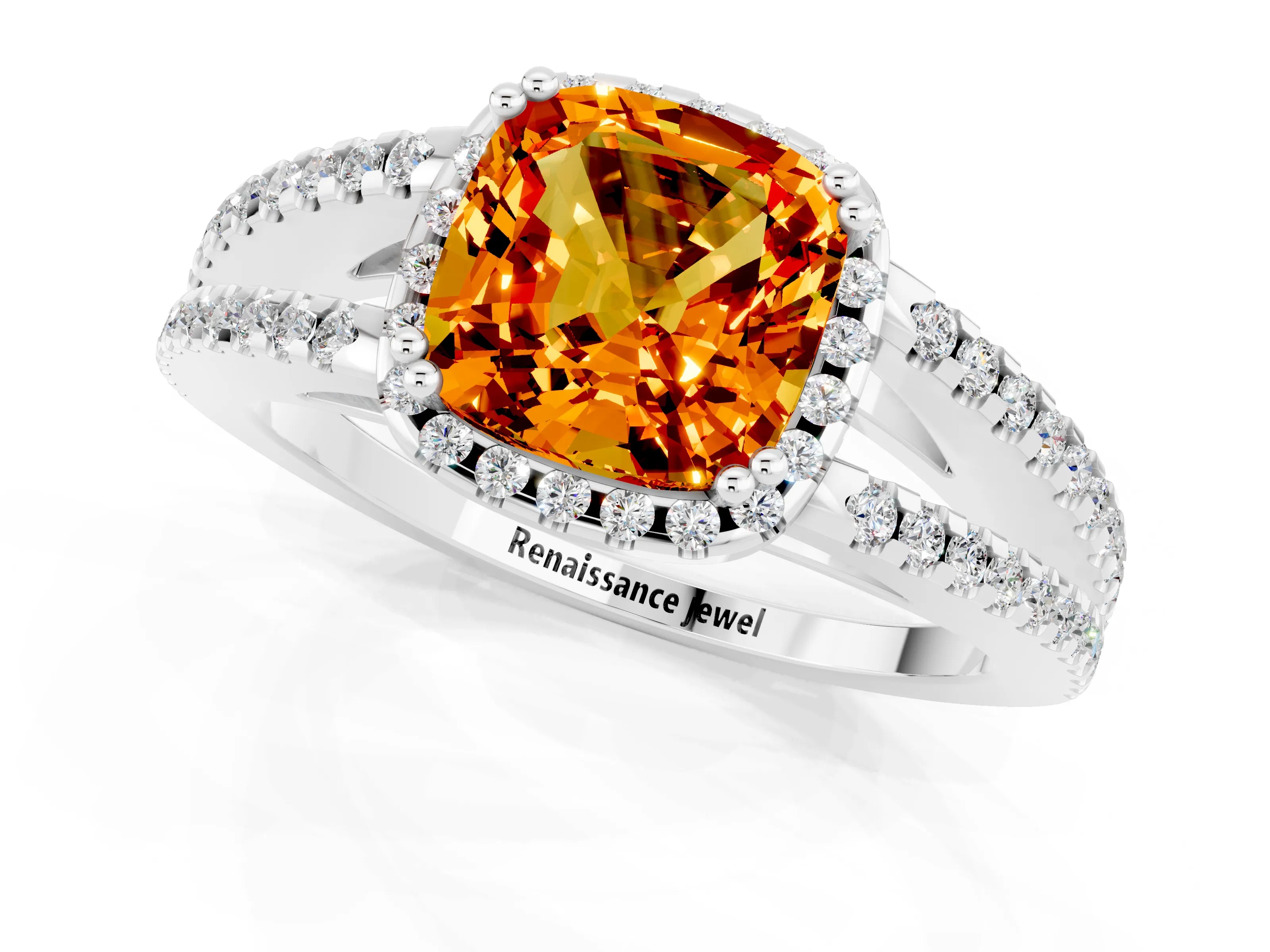 White gold Cushion Cut Citrine Halo Split Shank Engagement Ring_13