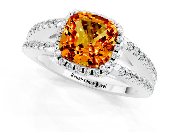 Platinum Cushion Cut Citrine Halo Split Shank Engagement Ring