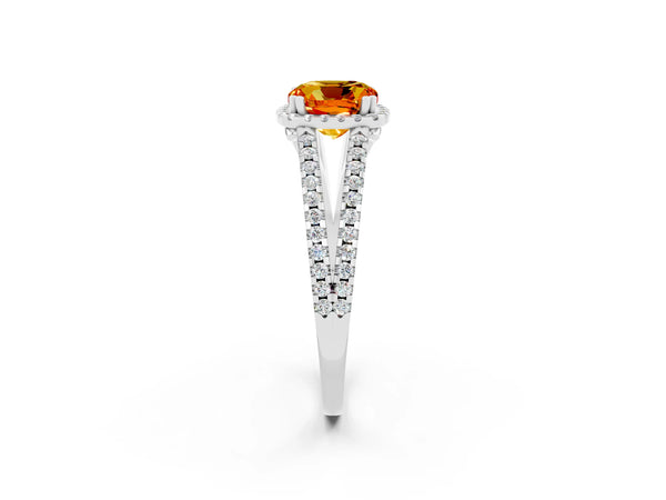 Platinum Cushion Cut Citrine Halo Split Shank Engagement Ring