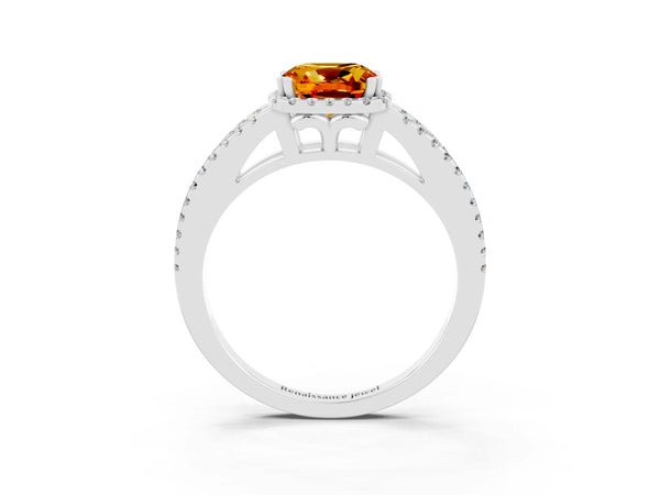 Platinum Cushion Cut Citrine Halo Split Shank Engagement Ring