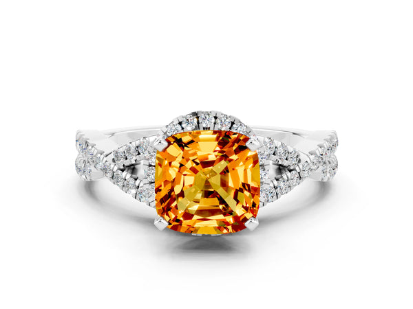 Platinum Cushion Cut Citrine  Halo Twist Band Solitaire Prong Setting Ring