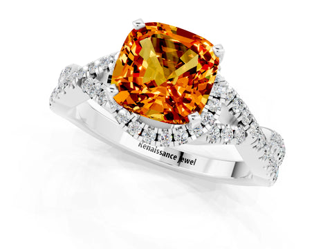 White gold Cushion Cut Citrine Halo Twist Band Solitaire Prong Setting Ring_1