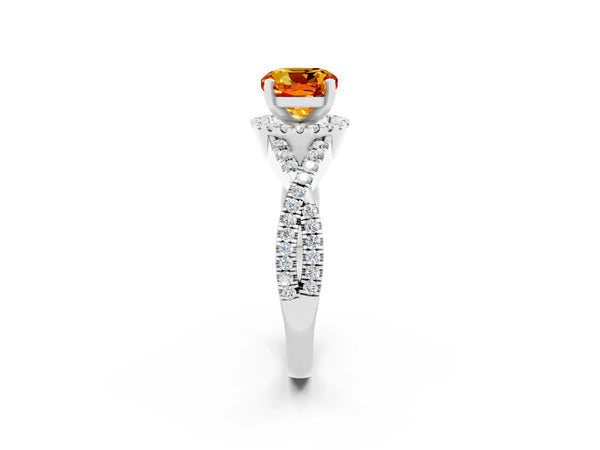 Platinum Cushion Cut Citrine  Halo Twist Band Solitaire Prong Setting Ring