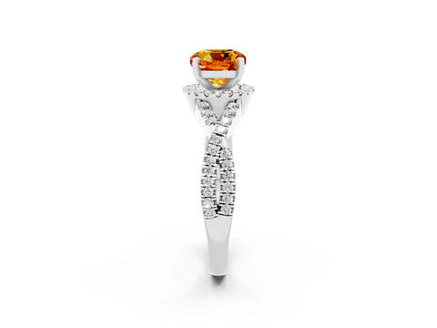 White gold Cushion Cut Citrine Halo Twist Band Solitaire Prong Setting Ring_2