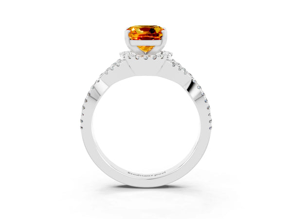 White gold Cushion Cut Citrine  Halo Twist Band Solitaire Prong Setting Ring
