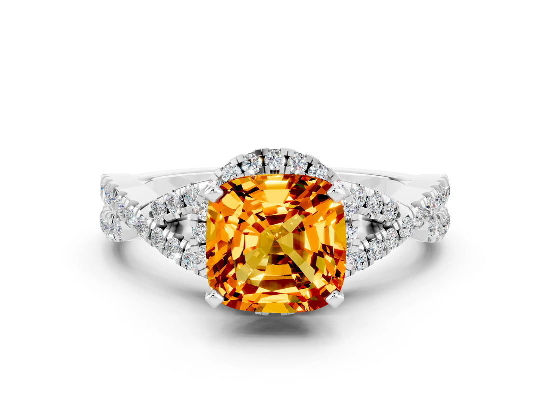 White gold Cushion Cut Citrine  Halo Twist Band Solitaire Prong Setting Ring_54
