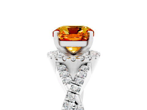 White gold Cushion Cut Citrine Halo Twist Band Solitaire Prong Setting Ring_5