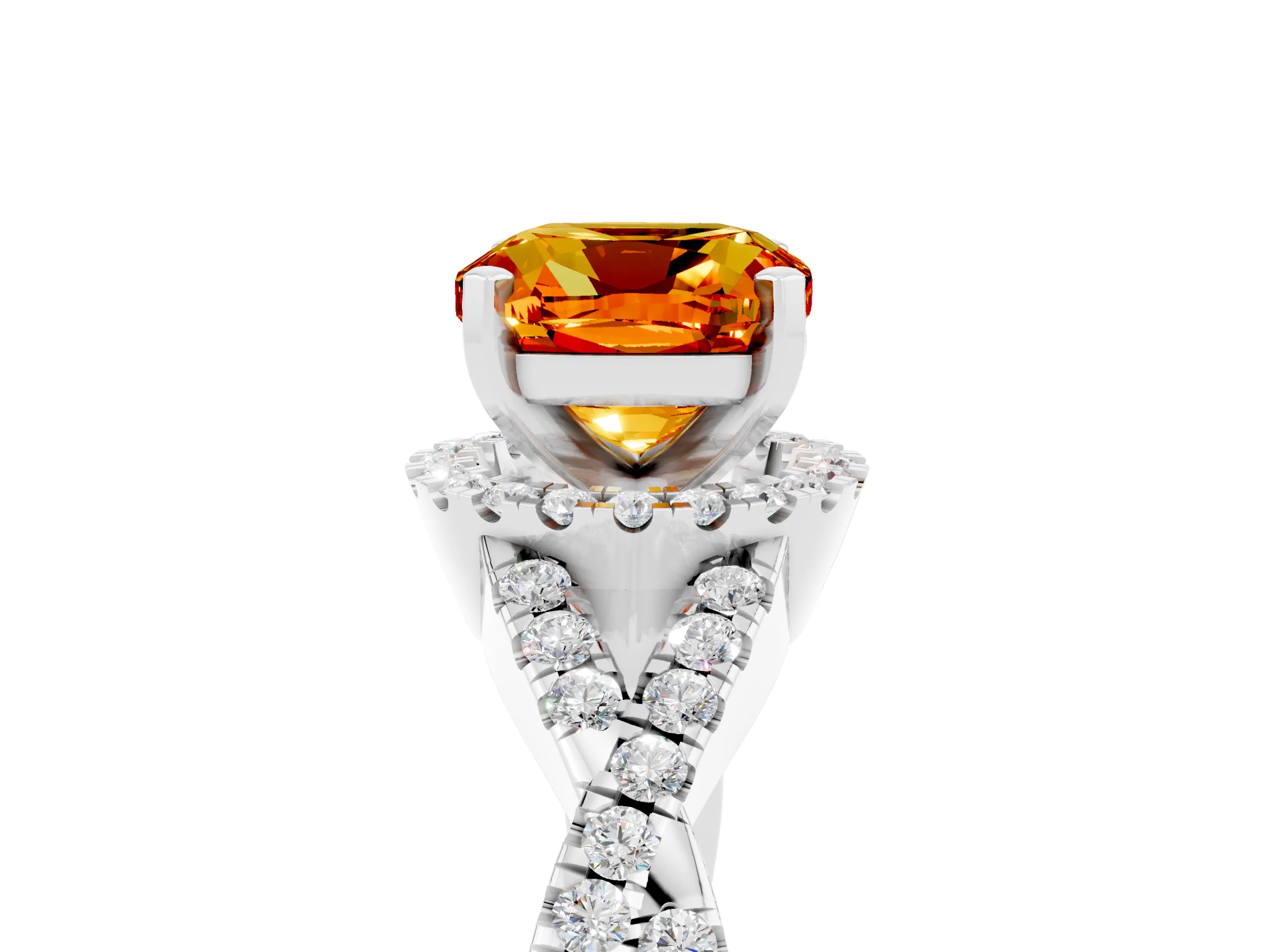 White gold Cushion Cut Citrine Halo Twist Band Solitaire Prong Setting Ring_5