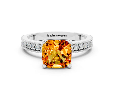 White gold Cushion Cut Citrine Milgrain Pavé Engagement Ring with Four-Prong Setting_12