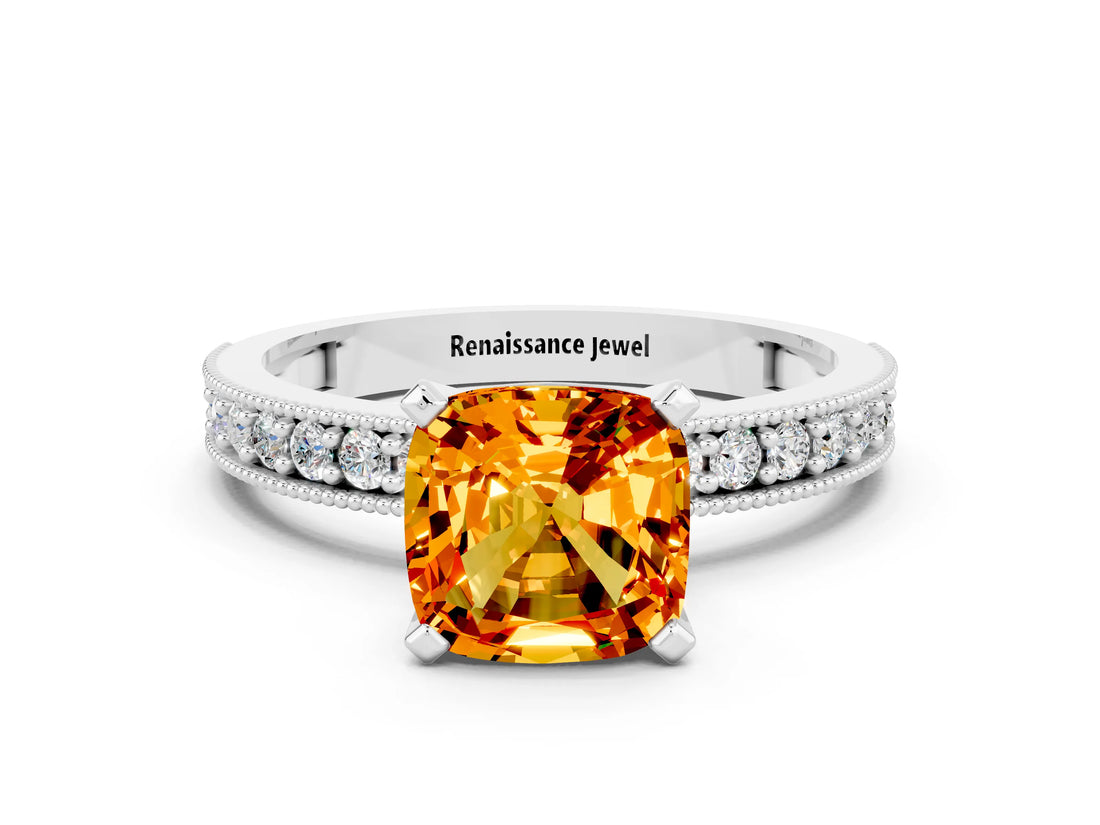 White gold Cushion Cut Citrine Milgrain Pavé Engagement Ring with Four-Prong Setting_12