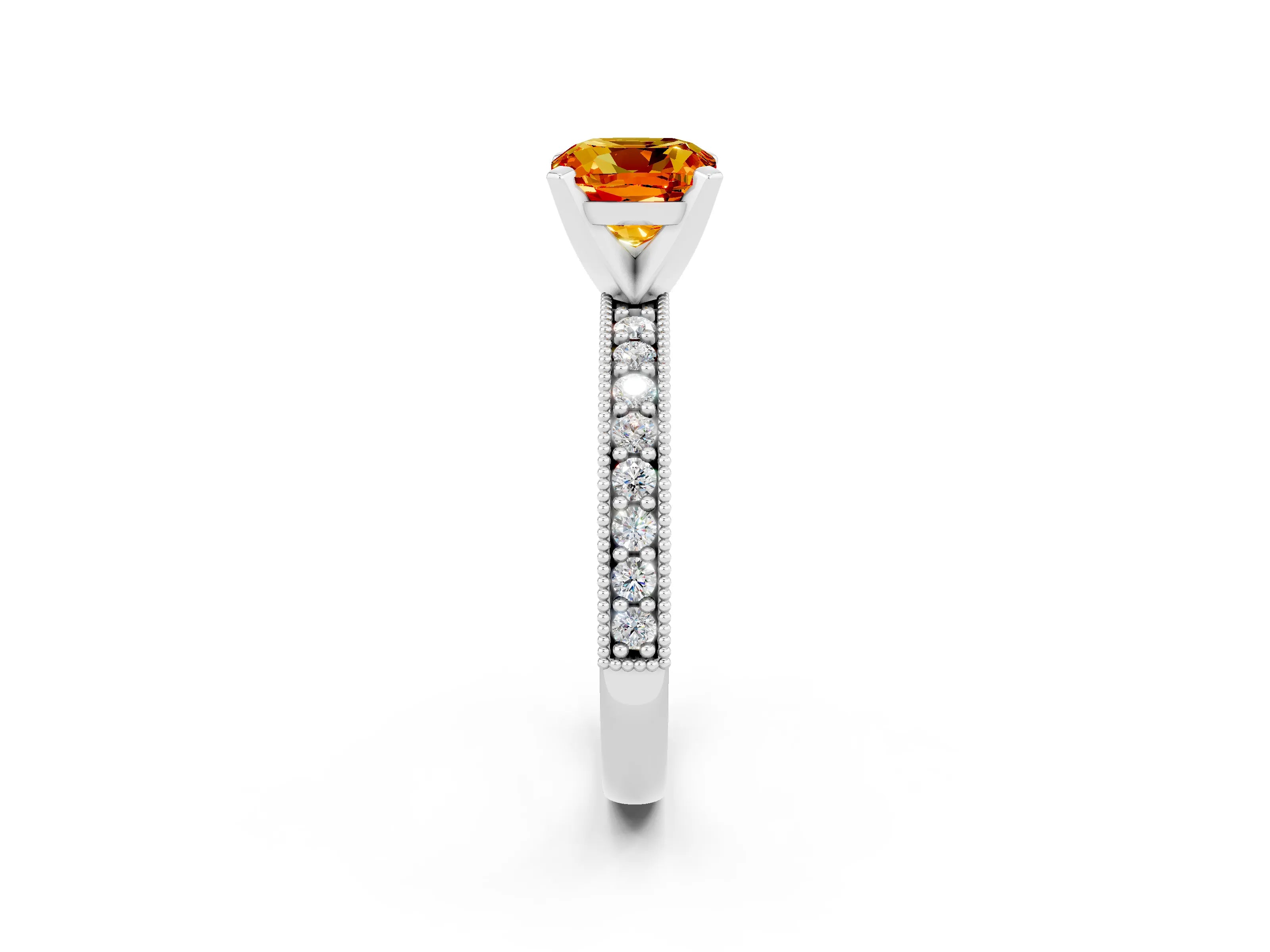 White gold Cushion Cut Citrine Milgrain Pavé Engagement Ring with Four-Prong Setting_14