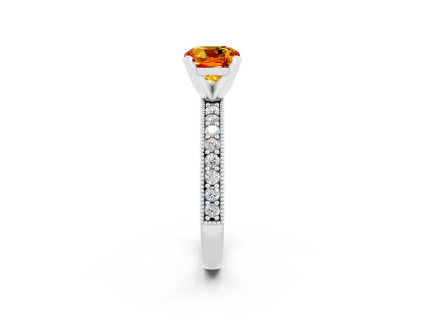 Platinum Cushion Cut Citrine Milgrain Pavé Engagement Ring with Four-Prong Setting