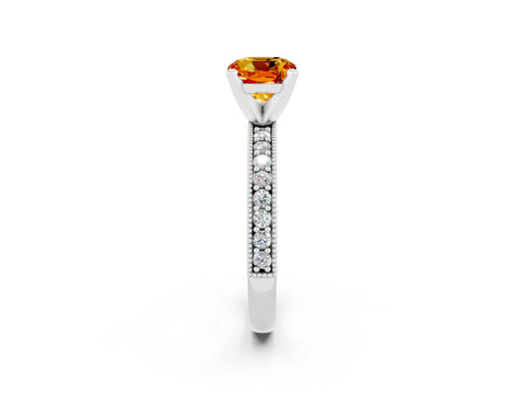 White gold Cushion Cut Citrine Milgrain Pavé Engagement Ring with Four-Prong Setting_14