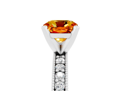 White gold Cushion Cut Citrine Milgrain Pavé Engagement Ring with Four-Prong Setting_17
