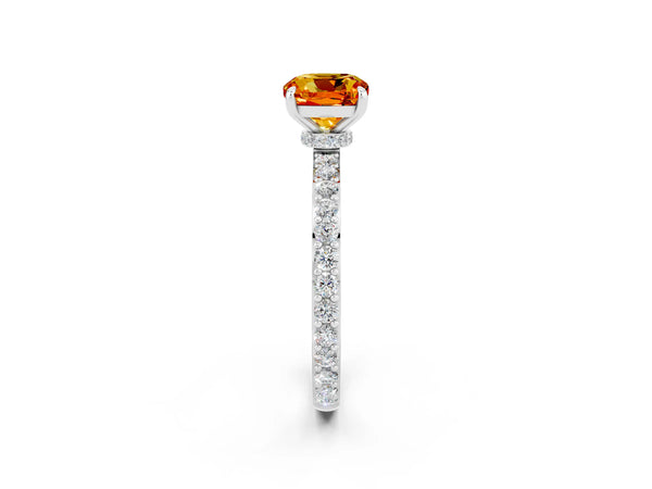 Platinum Cushion Cut Citrine Pavé Engagement Ring with Round  Accents and Prong Setting