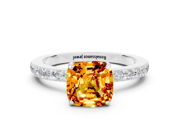 Platinum Cushion Cut Citrine Pavé Engagement Ring with Round  Accents and Prong Setting