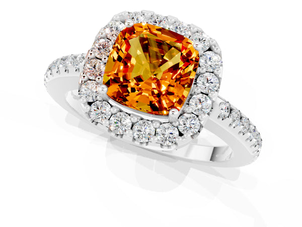 Platinum Cushion Cut Citrine Pavé Halo Ring with Four-Prong Setting