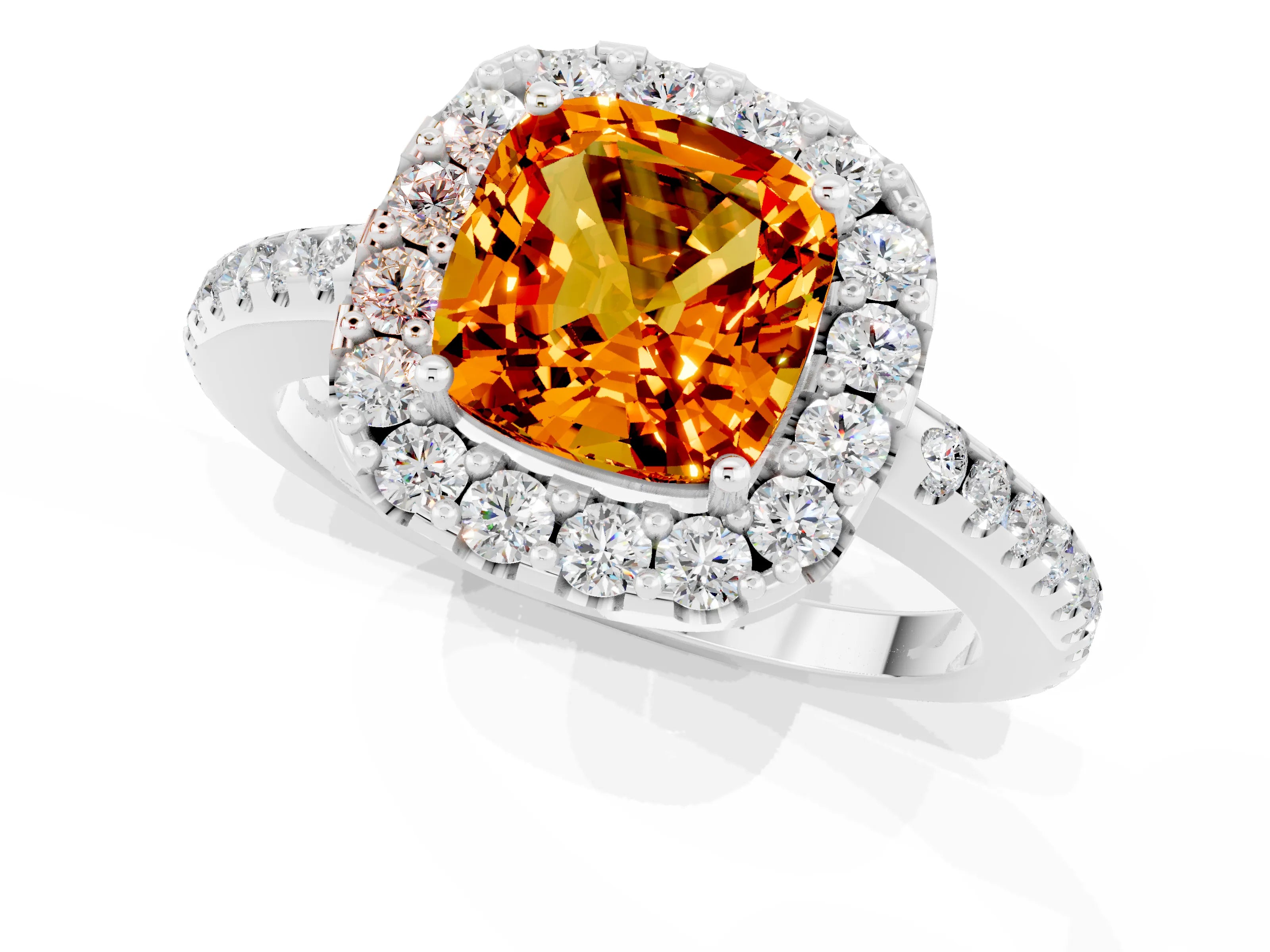 White gold Cushion Cut Citrine Pavé Halo Ring with Four-Prong Setting_13