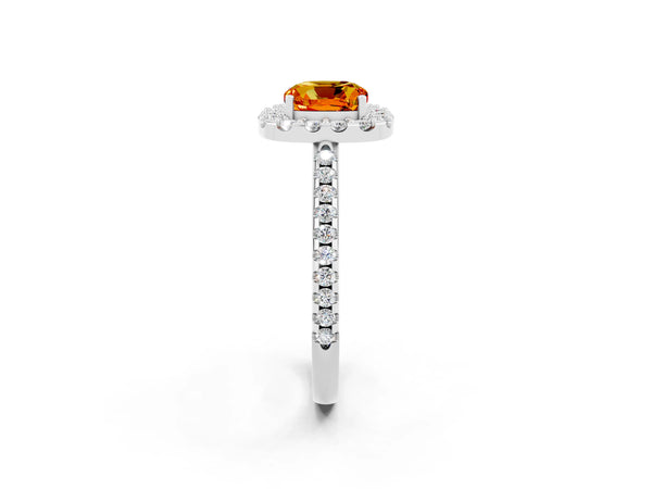 White gold Cushion Cut Citrine Pavé Halo Ring with Four-Prong Setting