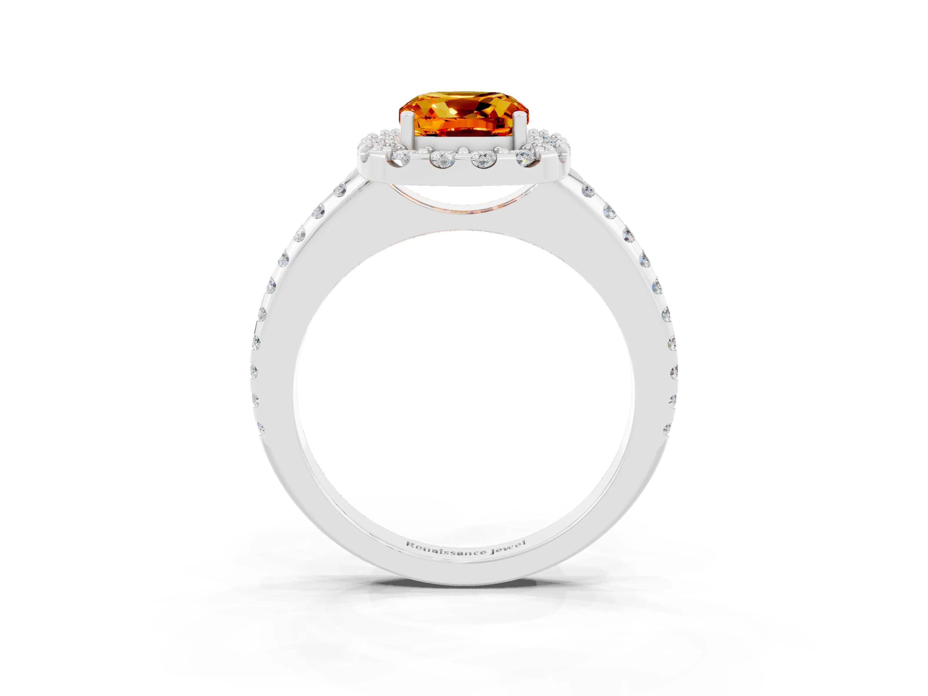 White gold Cushion Cut Citrine Pavé Halo Ring with Four-Prong Setting_15
