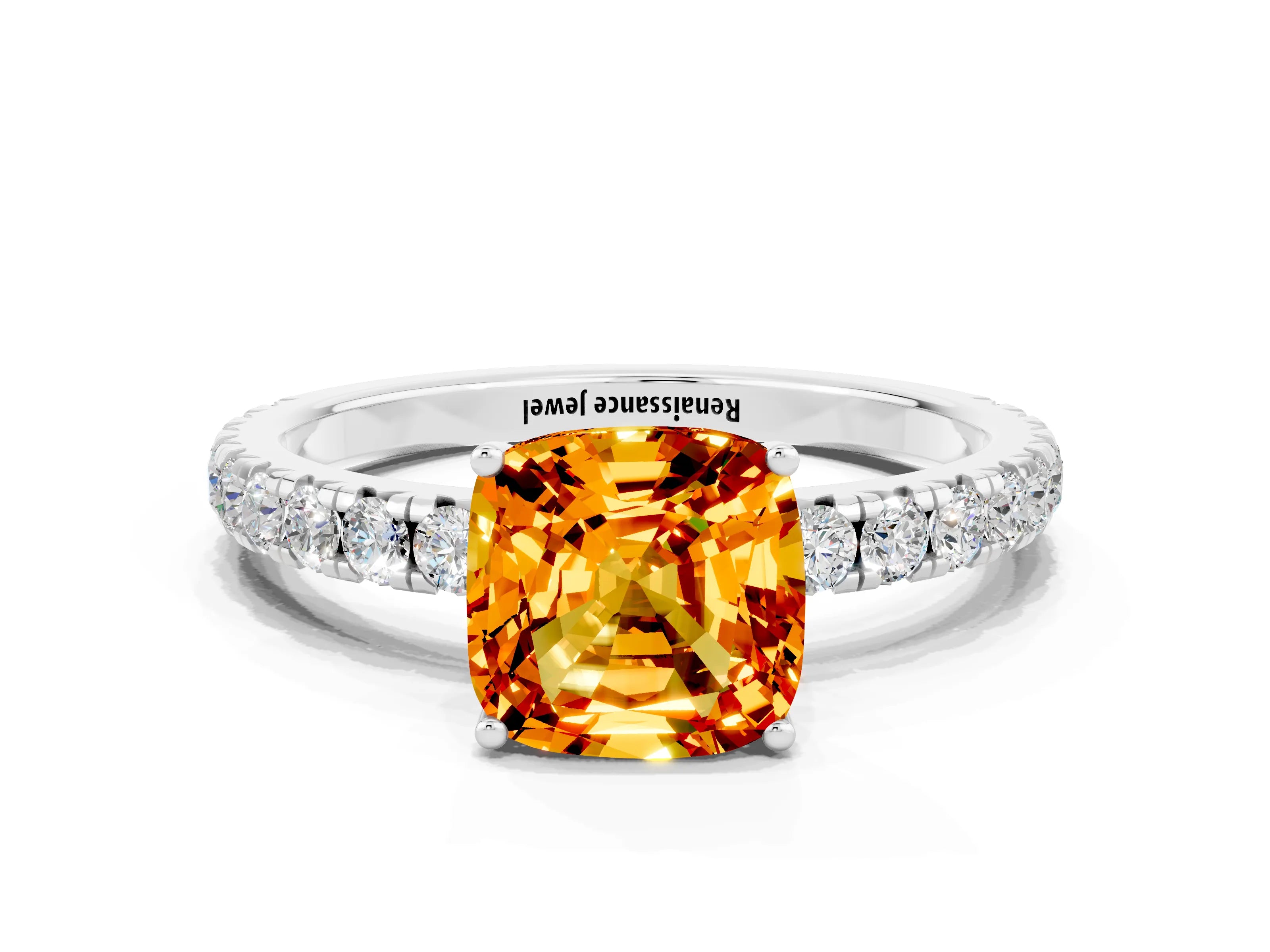 White gold Cushion Cut Citrine Pavé Solitaire Engagement Ring with Four-Prong Setting_12