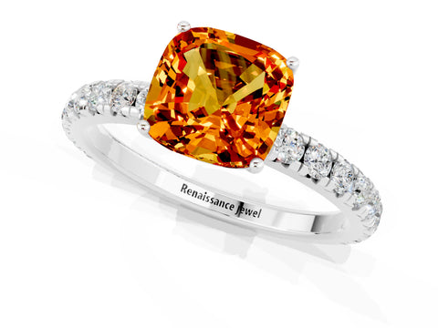 White gold Cushion Cut Citrine Pavé Solitaire Engagement Ring with Four-Prong Setting_13