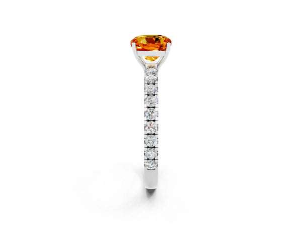 White gold Cushion Cut Citrine Pavé Solitaire Engagement Ring with Four-Prong Setting